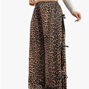 Brown and Black Leopard Print Track Pants with Elastic Waist